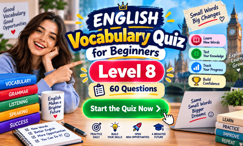 English Vocabulary Quiz for Beginners – Level 8 | 60 Questions