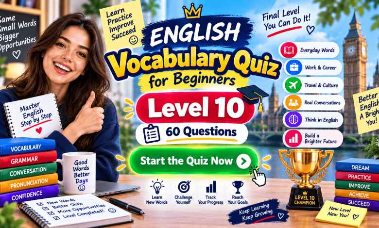 English Vocabulary Quiz for Beginners – Level 10 | 60 Questions